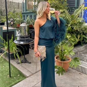 Club L London Teal One-Shoulder Feather Trim Maxi Dress